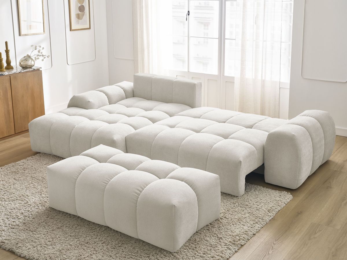 Canapé d'angle convertible coffre EVEREST tissu texturé avec pouf