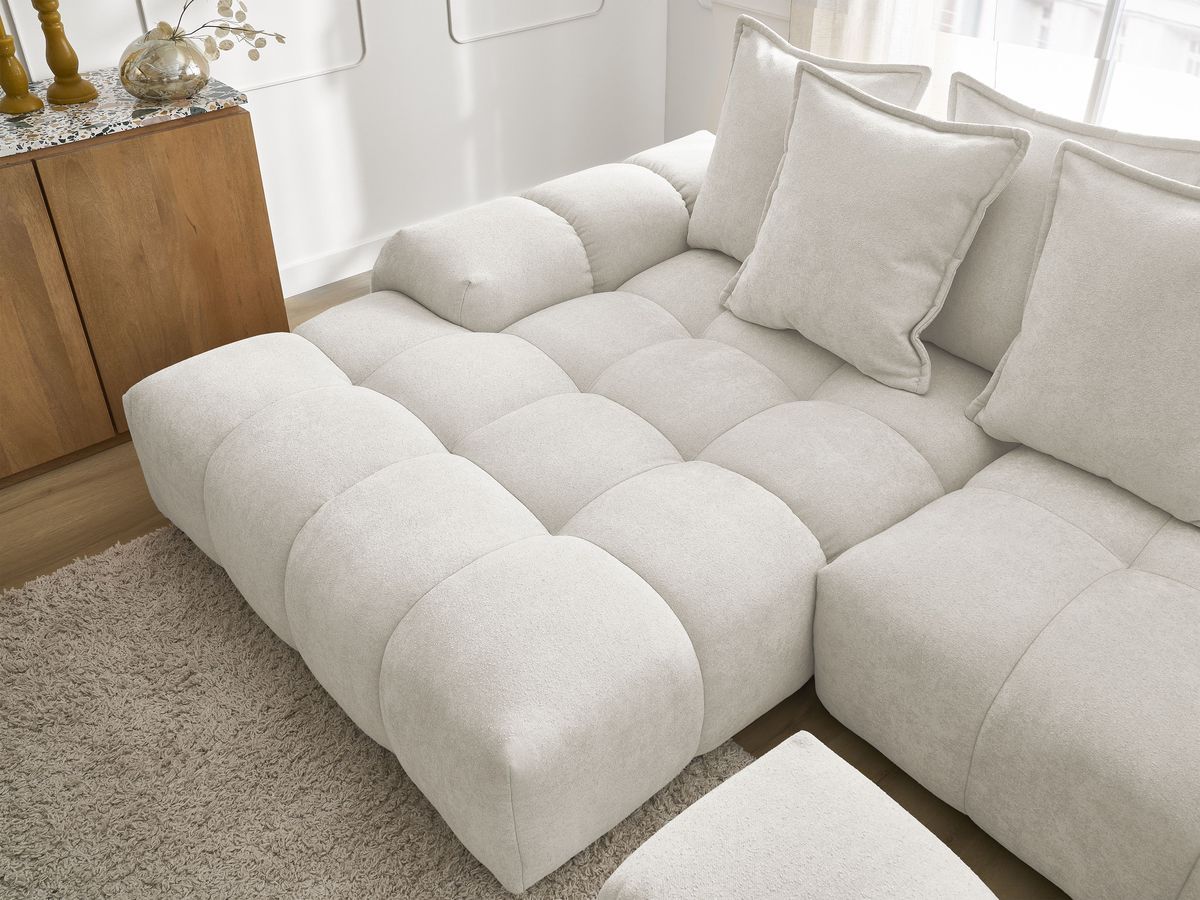 Canapé d'angle convertible coffre EVEREST tissu texturé avec pouf