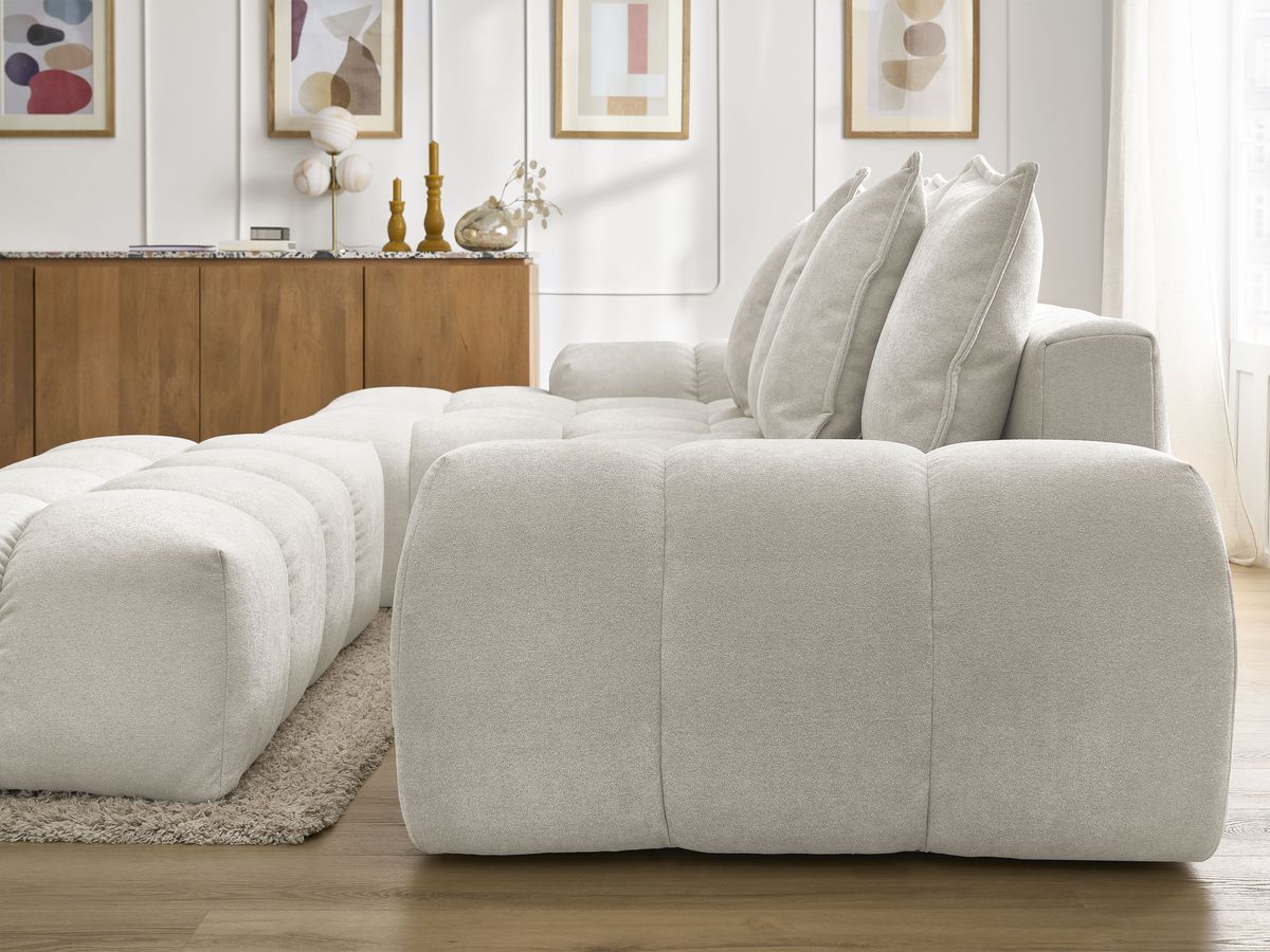 Canapé d'angle convertible coffre EVEREST tissu texturé avec pouf