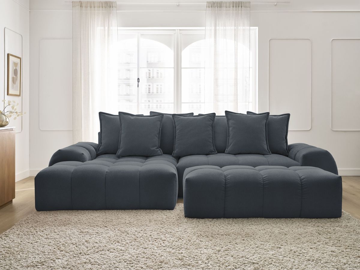 Canapé d'angle convertible coffre EVEREST tissu texturé avec pouf