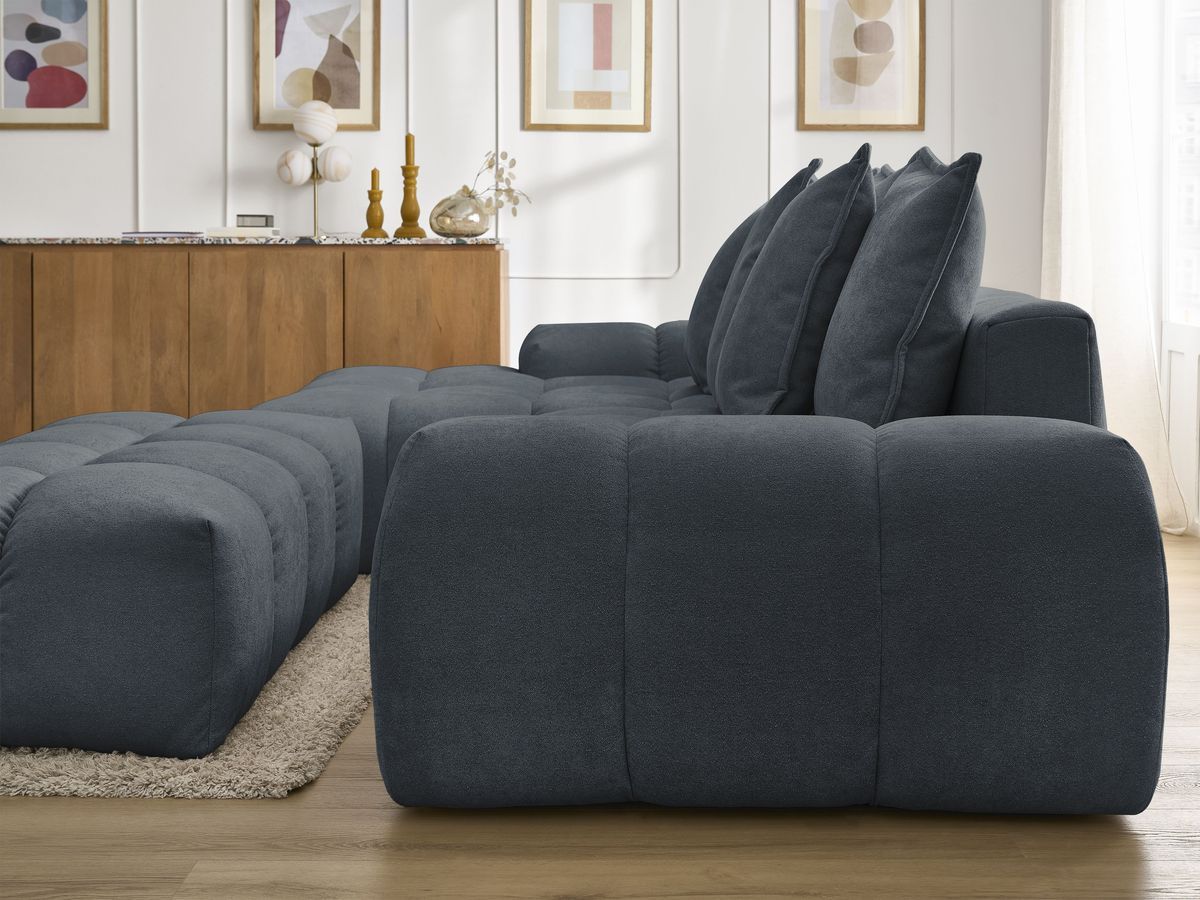 Canapé d'angle convertible coffre EVEREST tissu texturé avec pouf