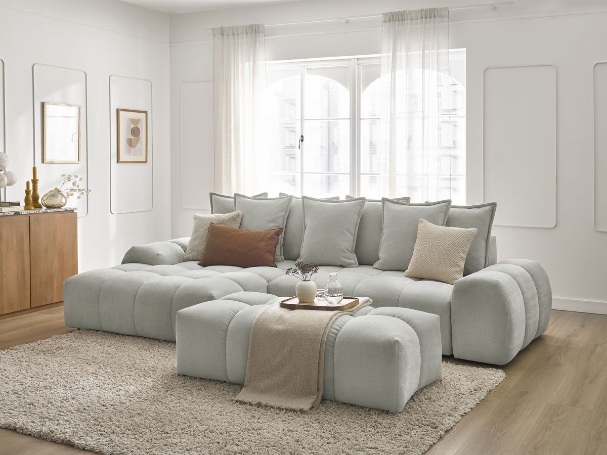 Canapé d'angle convertible coffre EVEREST tissu texturé avec pouf