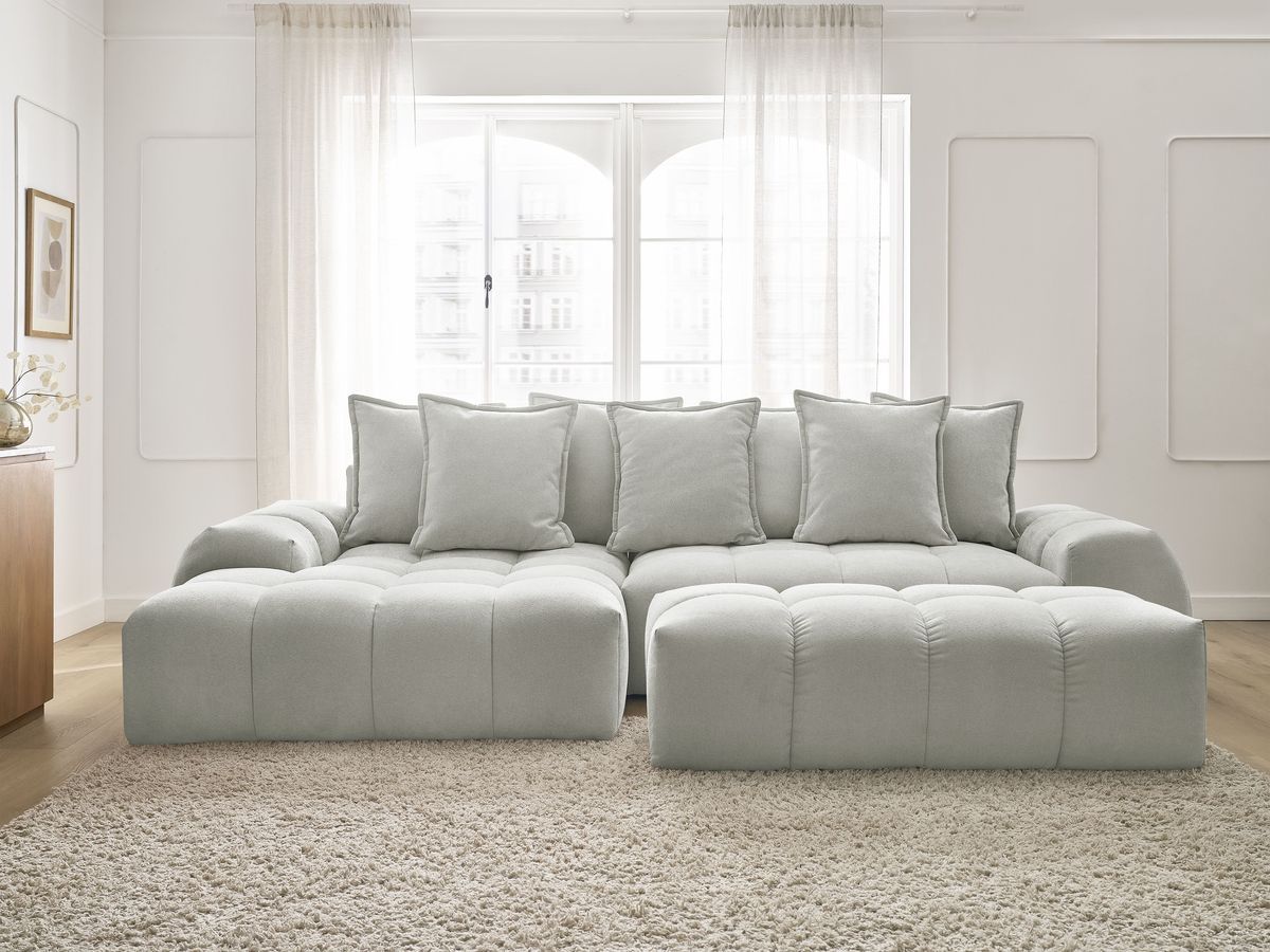Canapé d'angle convertible coffre EVEREST tissu texturé avec pouf