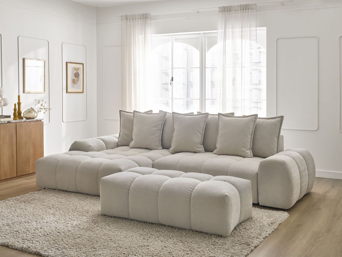 Canapé d'angle convertible coffre EVEREST tissu texturé avec pouf gris clair angle gauche BOBOCHIC 4 places - Vue supplémentaire 3