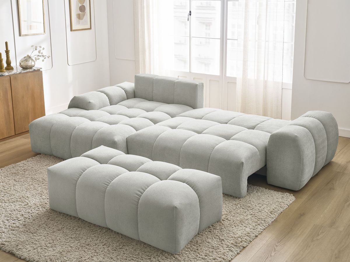 Canapé d'angle convertible coffre EVEREST tissu texturé avec pouf