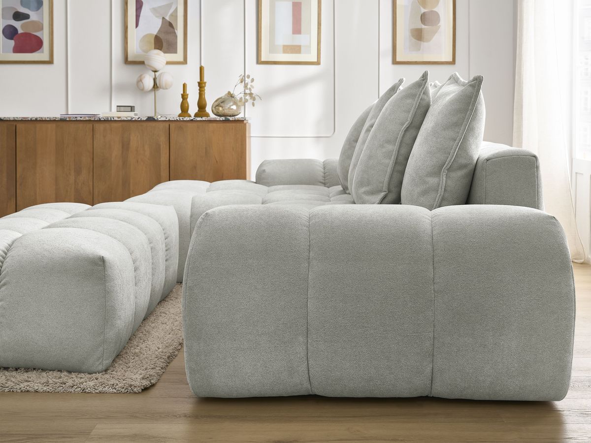 Canapé d'angle convertible coffre EVEREST tissu texturé avec pouf