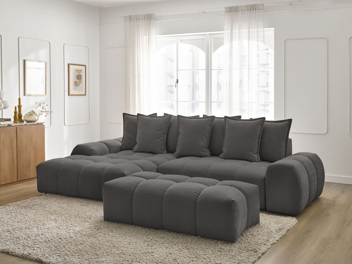 Canapé d'angle convertible coffre EVEREST tissu texturé avec pouf gris foncé angle gauche BOBOCHIC 4 places - Vue supplémentaire 3