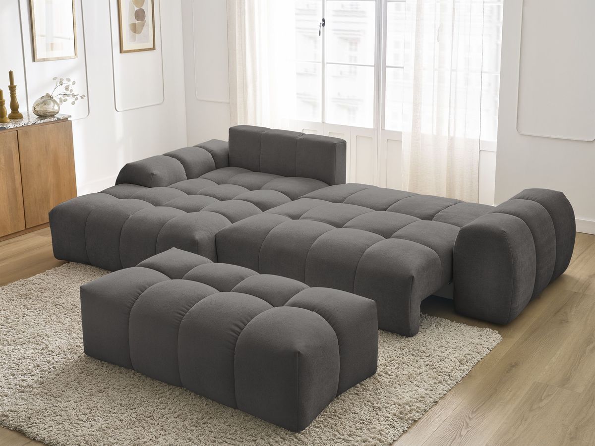 Canapé d'angle convertible coffre EVEREST tissu texturé avec pouf