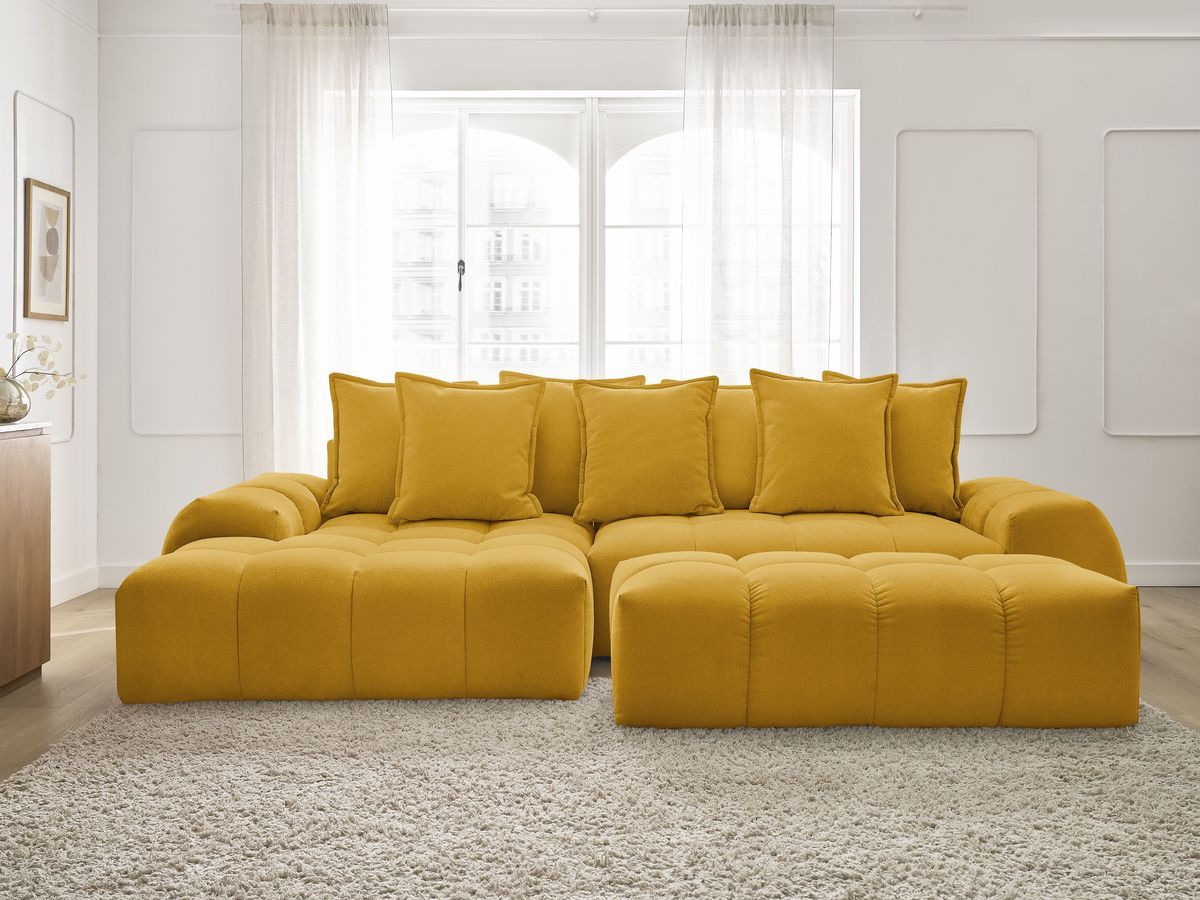 Canapé d'angle convertible coffre EVEREST tissu texturé avec pouf