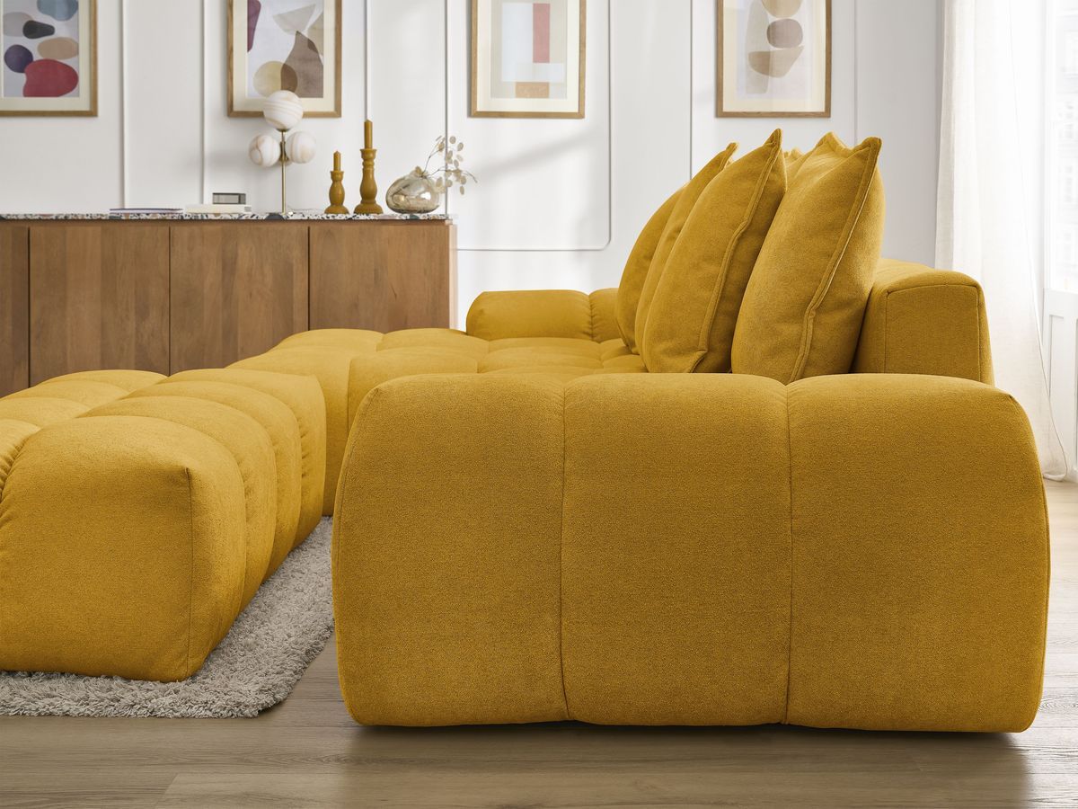 Canapé d'angle convertible coffre EVEREST tissu texturé avec pouf