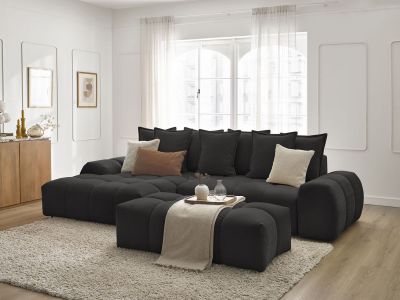 Canapé d'angle convertible coffre EVEREST tissu texturé avec pouf