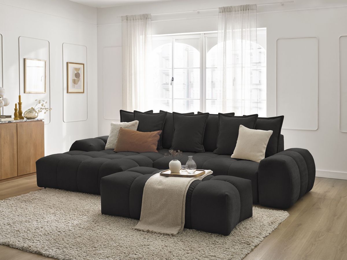 Canapé d'angle convertible coffre EVEREST tissu texturé avec pouf