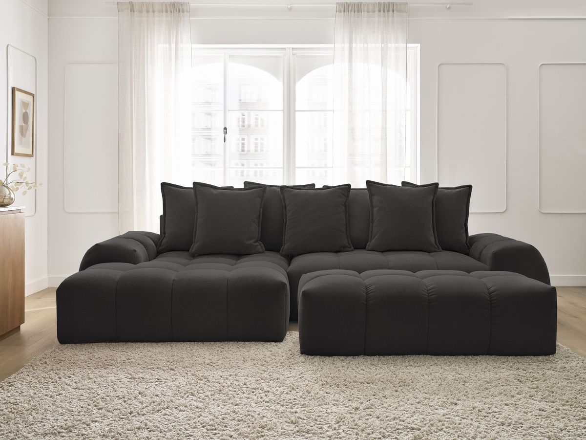 Canapé d'angle convertible coffre EVEREST tissu texturé avec pouf
