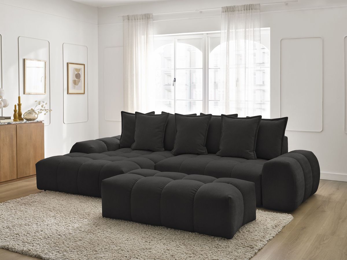 Canapé d'angle convertible coffre EVEREST tissu texturé avec pouf noir angle gauche BOBOCHIC 4 places - Vue supplémentaire 3