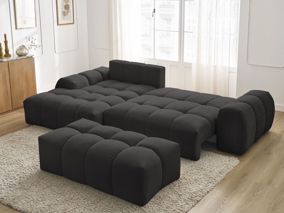 Canapé d'angle convertible coffre EVEREST tissu texturé avec pouf