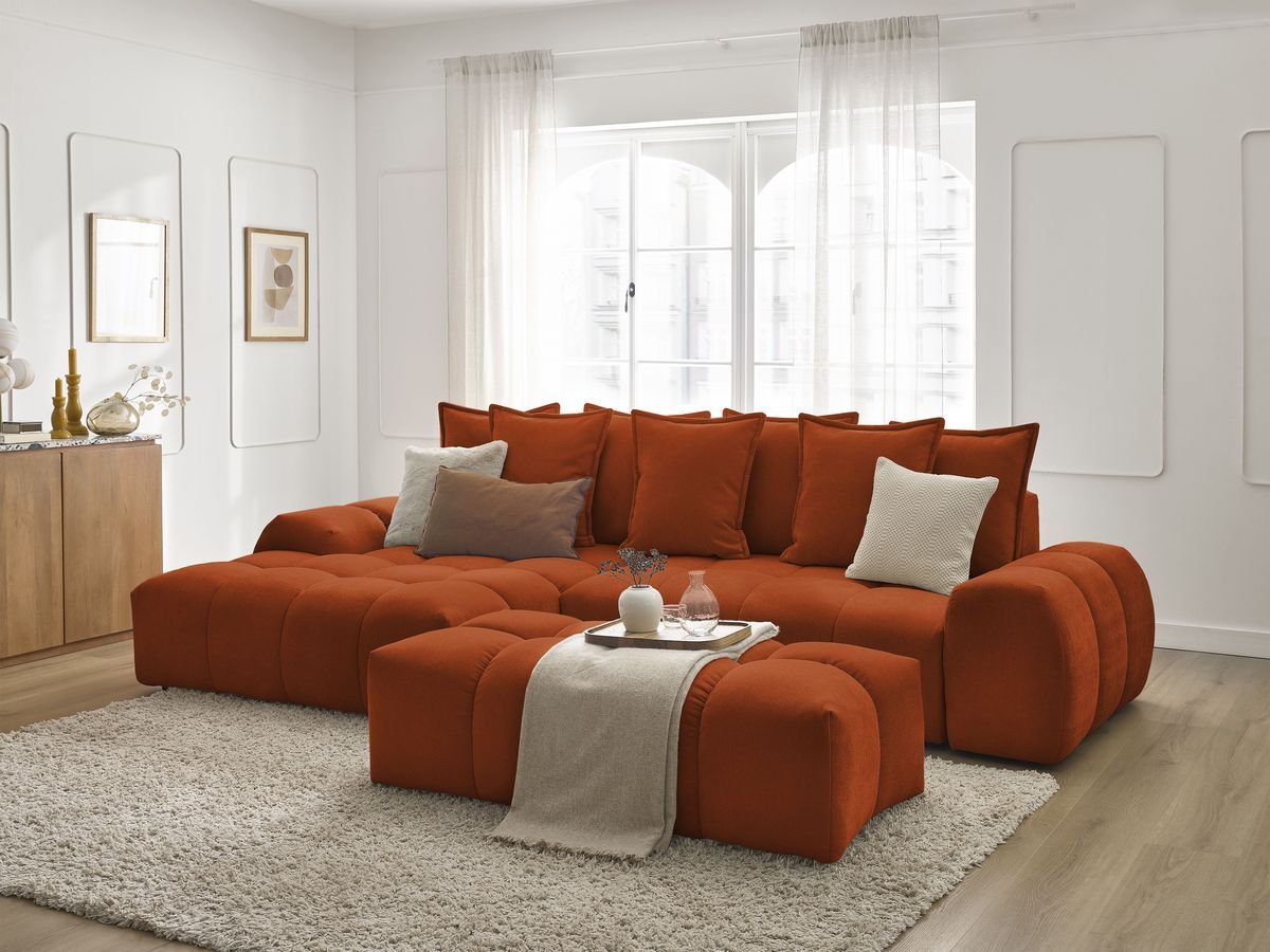 Canapé d'angle convertible coffre EVEREST tissu texturé avec pouf