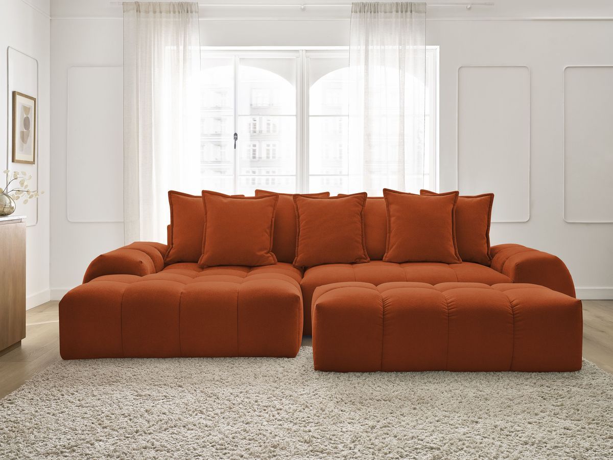 Canapé d'angle convertible coffre EVEREST tissu texturé avec pouf