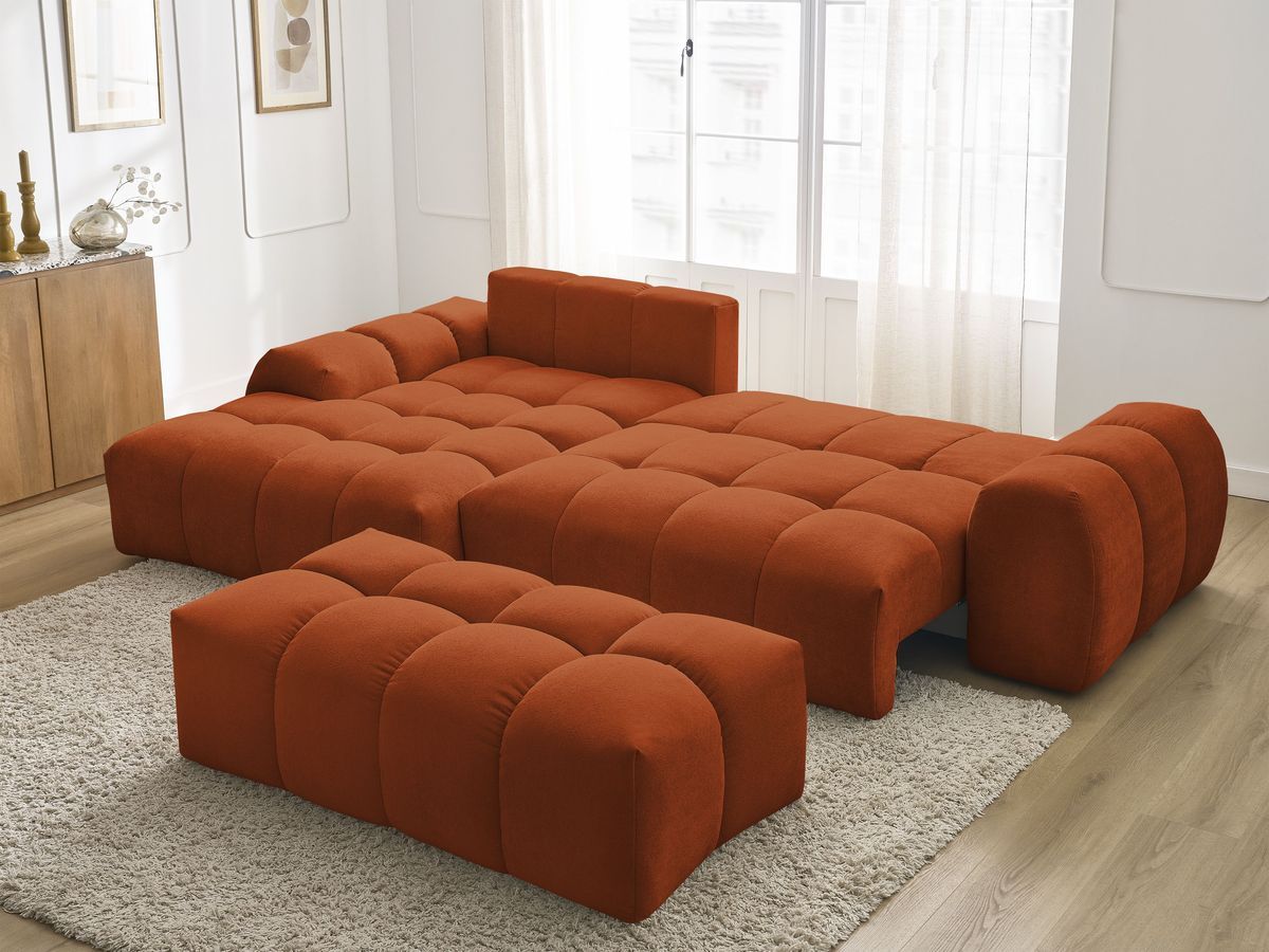 Canapé d'angle convertible coffre EVEREST tissu texturé avec pouf