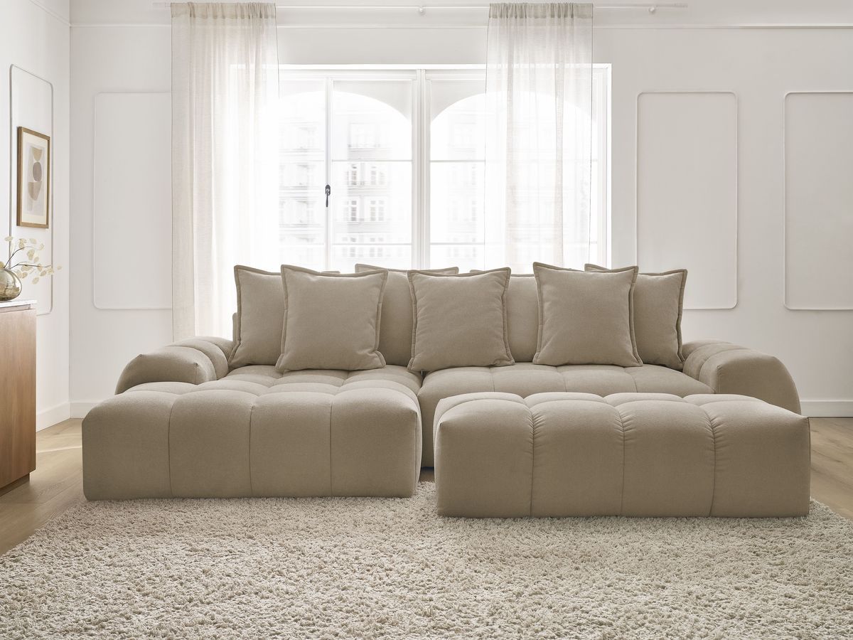 Canapé d'angle convertible coffre EVEREST tissu texturé avec pouf