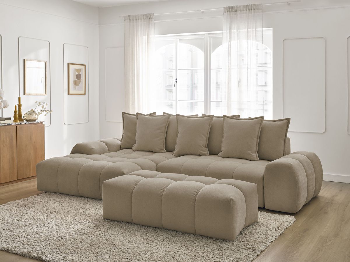 Canapé d'angle convertible coffre EVEREST tissu texturé avec pouf taupe angle gauche BOBOCHIC 4 places - Vue supplémentaire 3