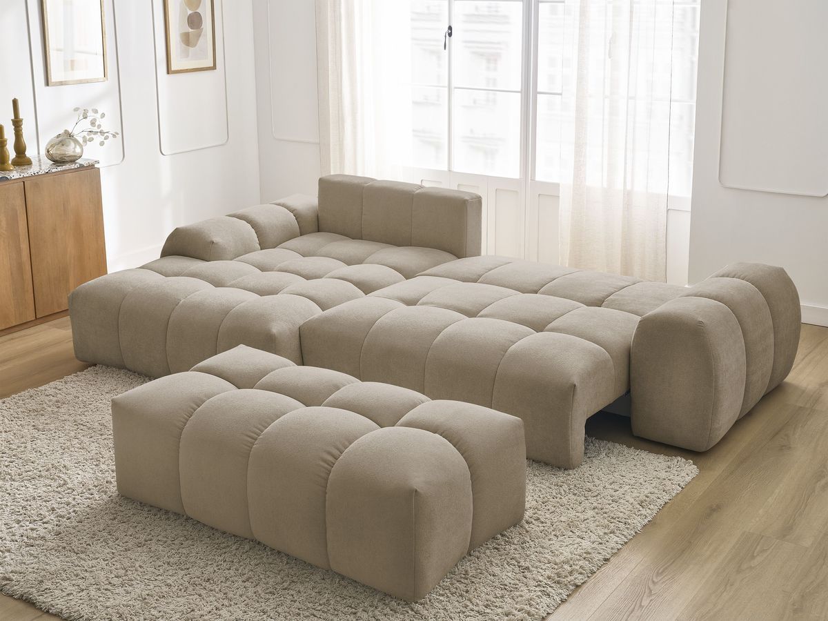 Canapé d'angle convertible coffre EVEREST tissu texturé avec pouf