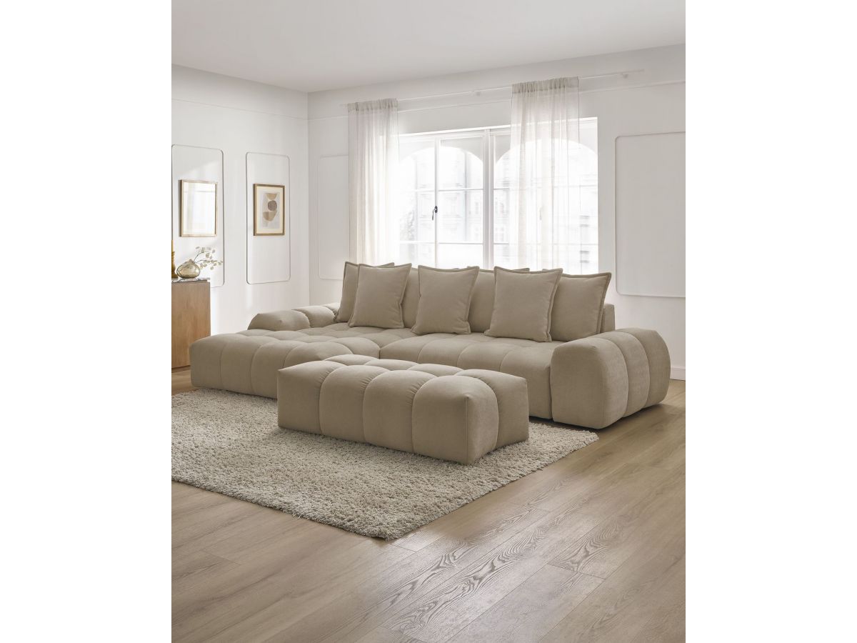 Canapé d'angle convertible coffre EVEREST tissu texturé avec pouf