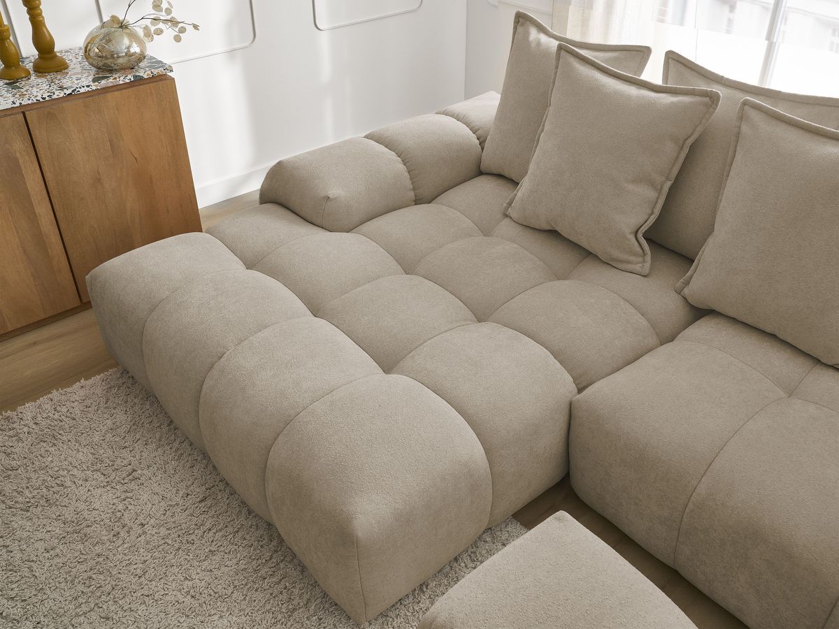 Canapé d'angle convertible coffre EVEREST tissu texturé avec pouf