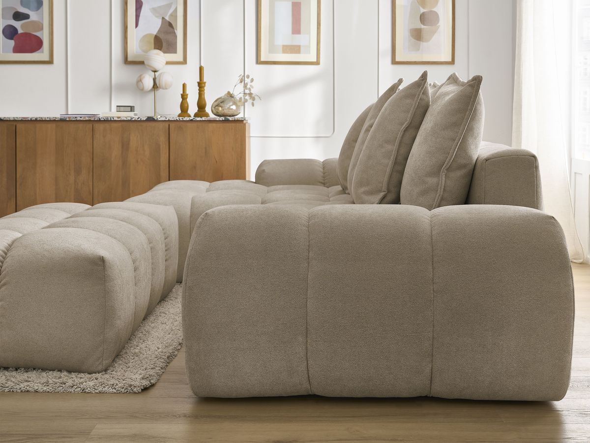 Canapé d'angle convertible coffre EVEREST tissu texturé avec pouf
