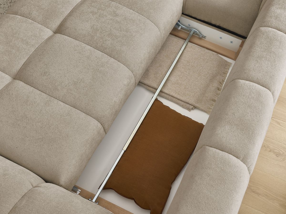 Canapé d'angle convertible coffre EVEREST tissu texturé avec pouf