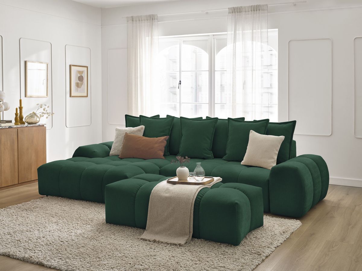Canapé d'angle convertible coffre EVEREST tissu texturé avec pouf