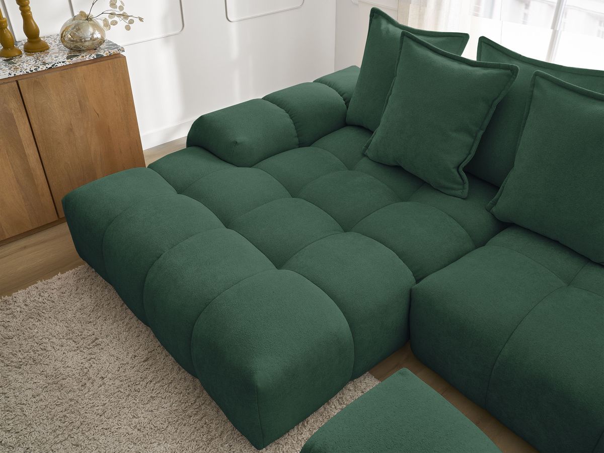Canapé d'angle convertible coffre EVEREST tissu texturé avec pouf