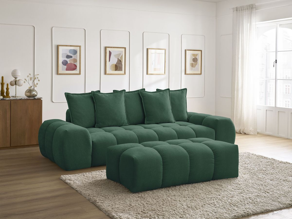 Canapé droit convertible coffre EVEREST tissu texturé avec pouf