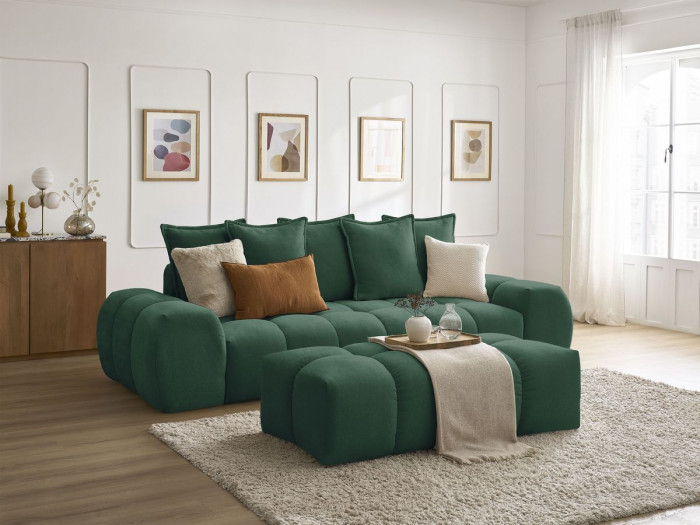 Canapé droit convertible coffre EVEREST tissu texturé avec pouf