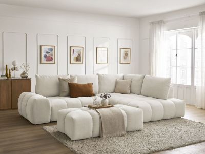 Canapé d'angle L convertible coffre EVEREST tissu texturé avec pouf
