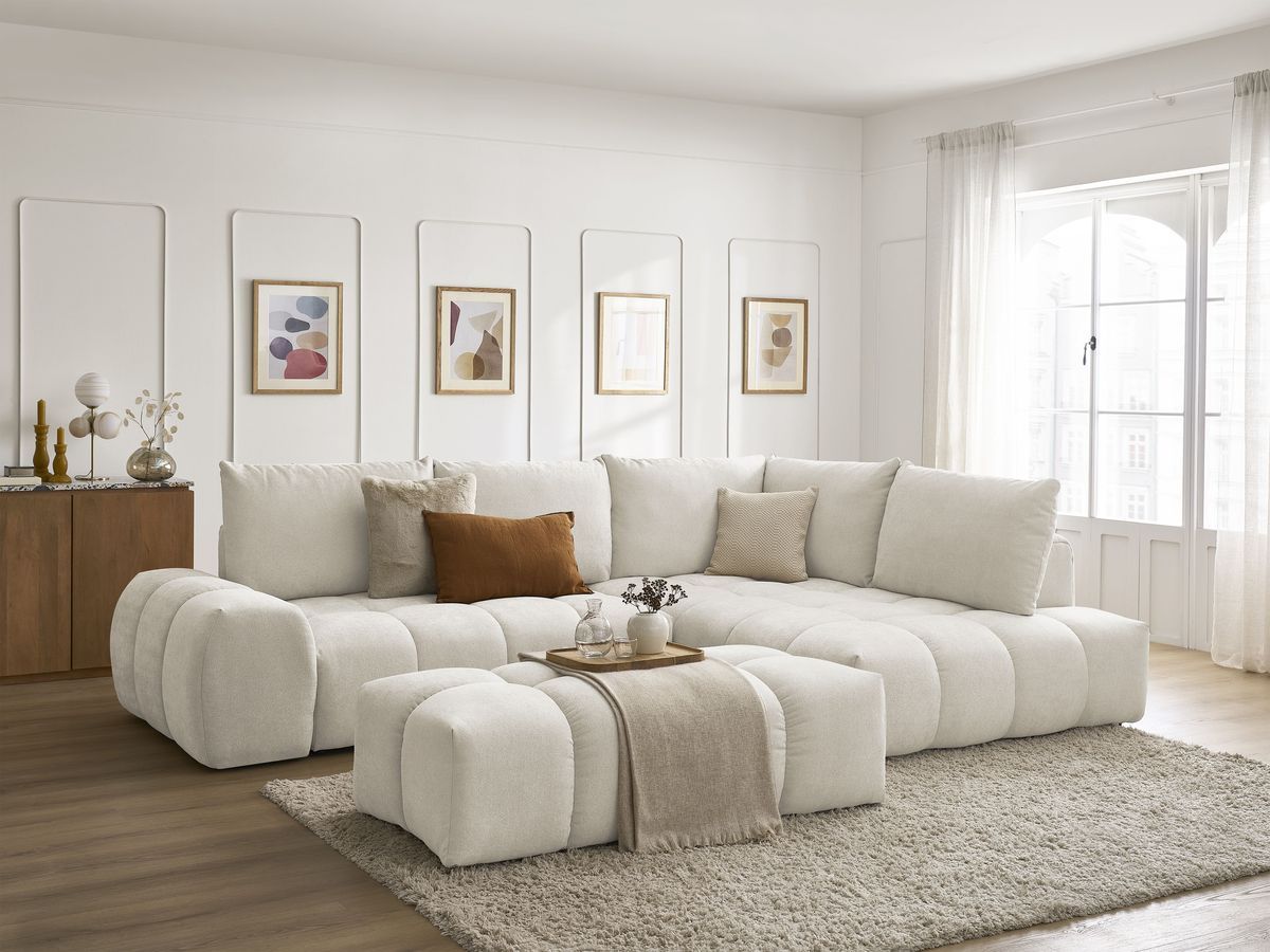 Canapé d'angle L convertible coffre EVEREST tissu texturé avec pouf