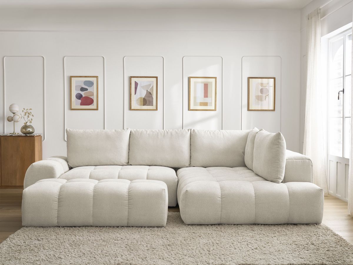 Canapé d'angle L convertible coffre EVEREST texturé avec pouf beige — vue 5