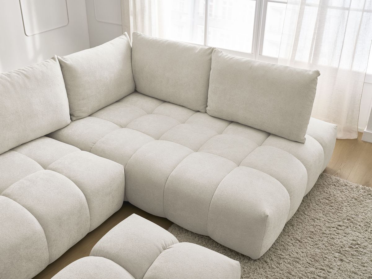 Canapé d'angle L convertible coffre EVEREST tissu texturé avec pouf