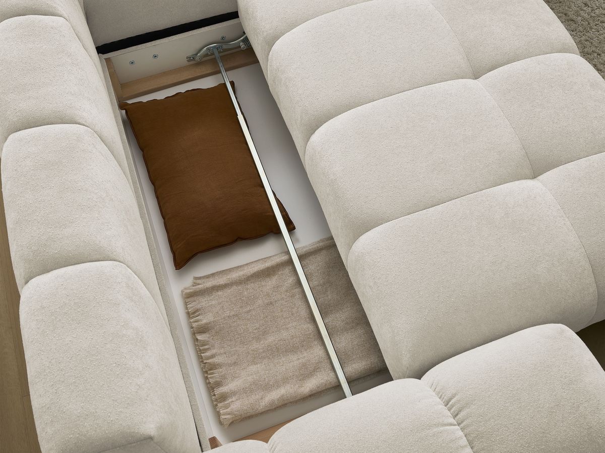 Canapé d'angle L convertible coffre EVEREST tissu texturé avec pouf