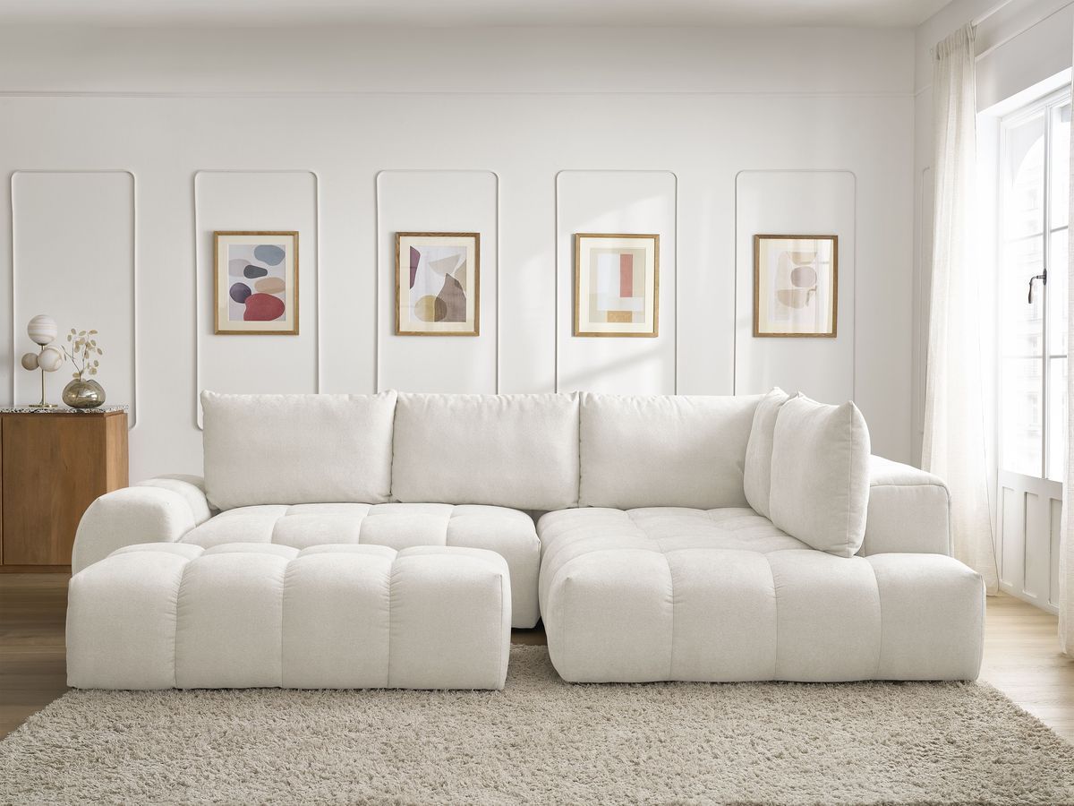 Canapé d'angle L convertible coffre EVEREST texturé avec pouf blanc — vue 5