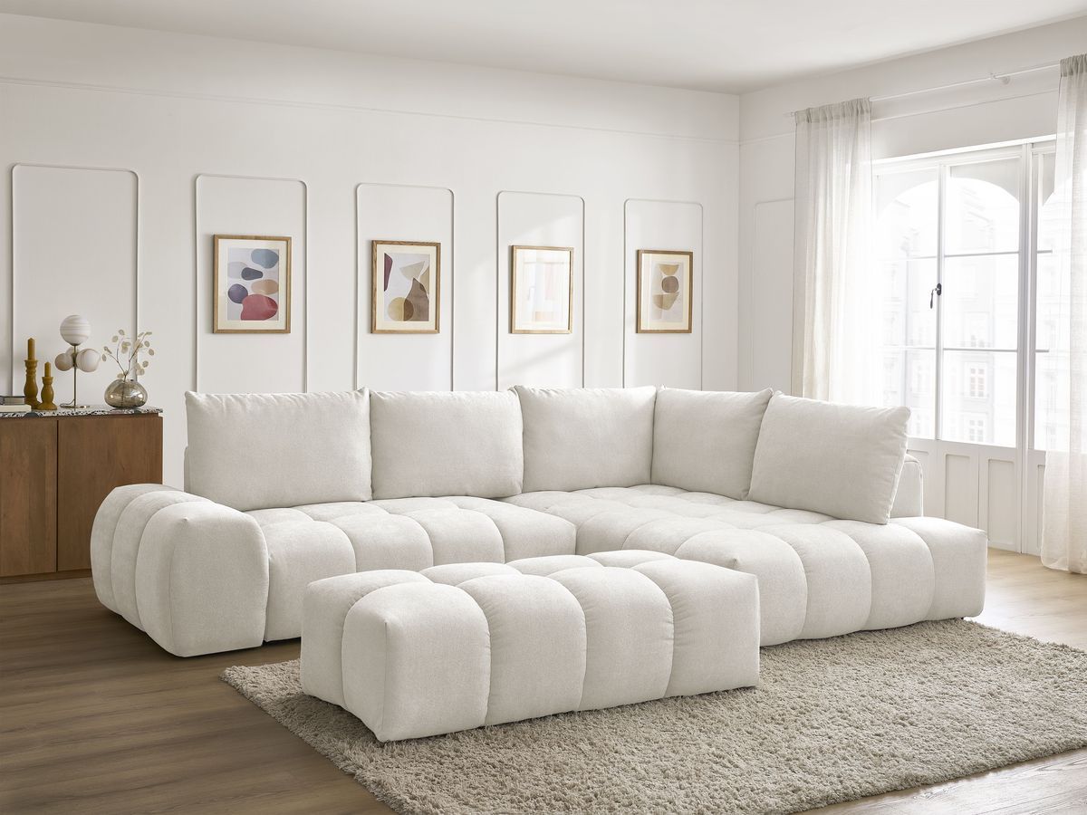 Canapé d'angle L convertible coffre EVEREST tissu texturé avec pouf