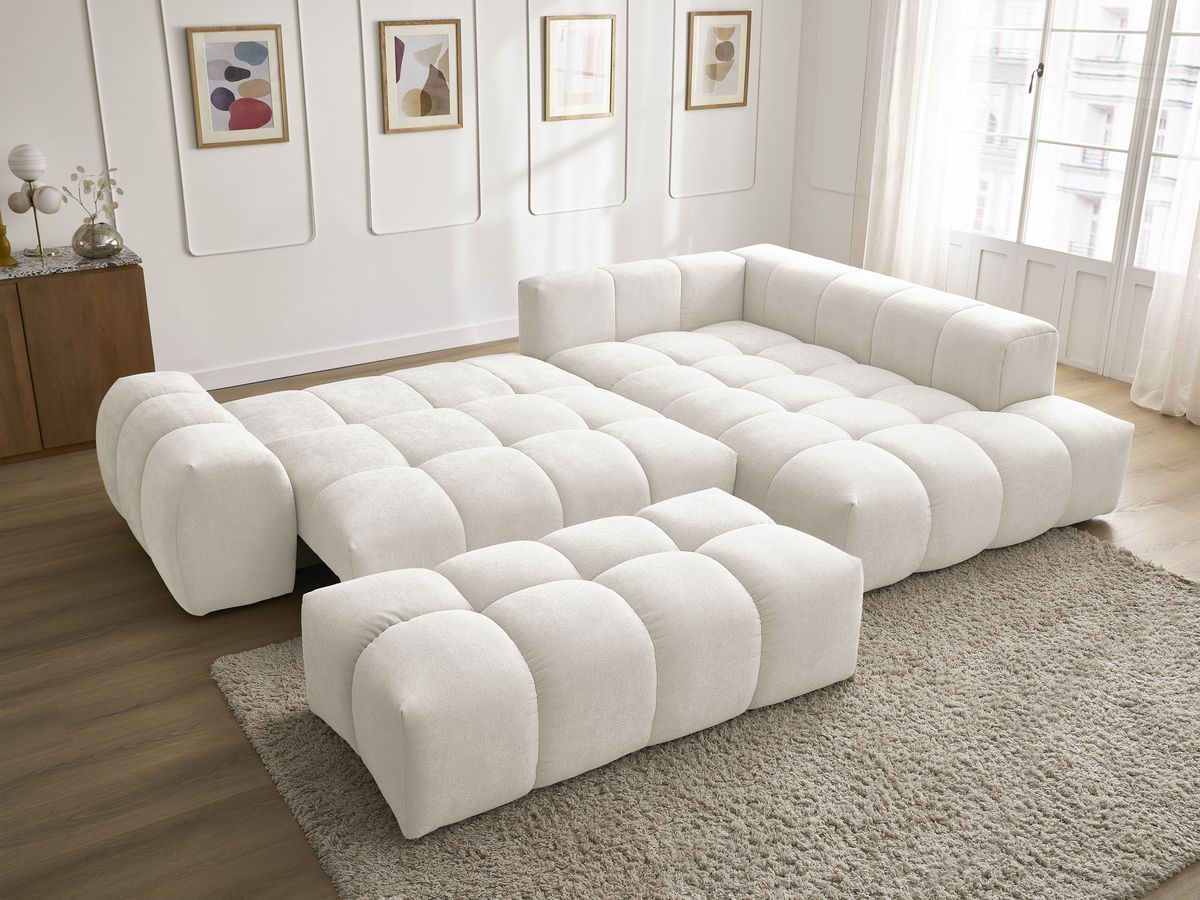 Canapé d'angle L convertible coffre EVEREST tissu texturé avec pouf
