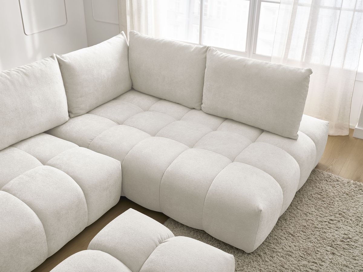 Canapé d'angle L convertible coffre EVEREST tissu texturé avec pouf