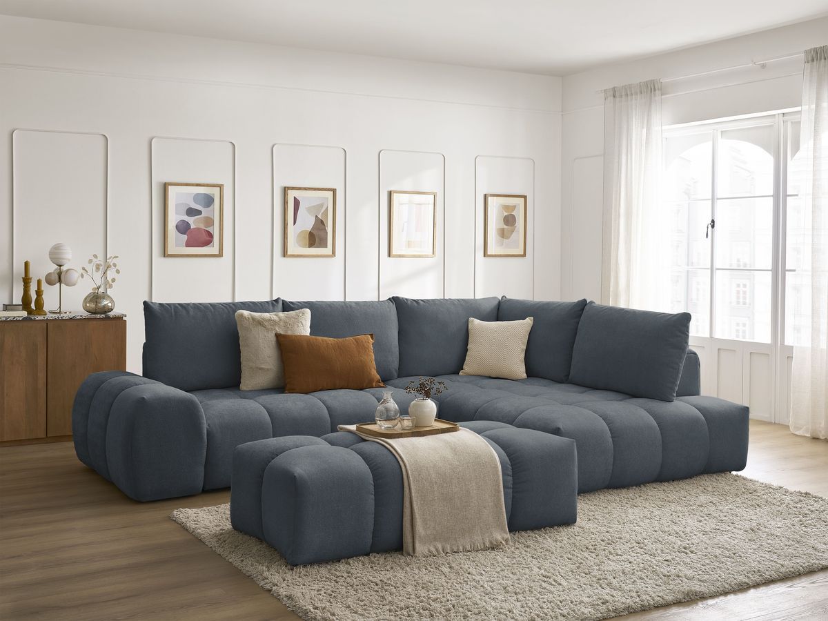 Canapé d'angle L convertible coffre EVEREST tissu texturé avec pouf