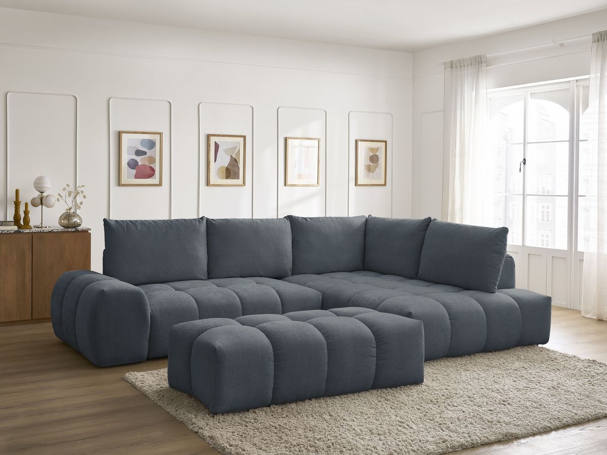 Canapé d'angle L convertible coffre EVEREST tissu texturé avec pouf