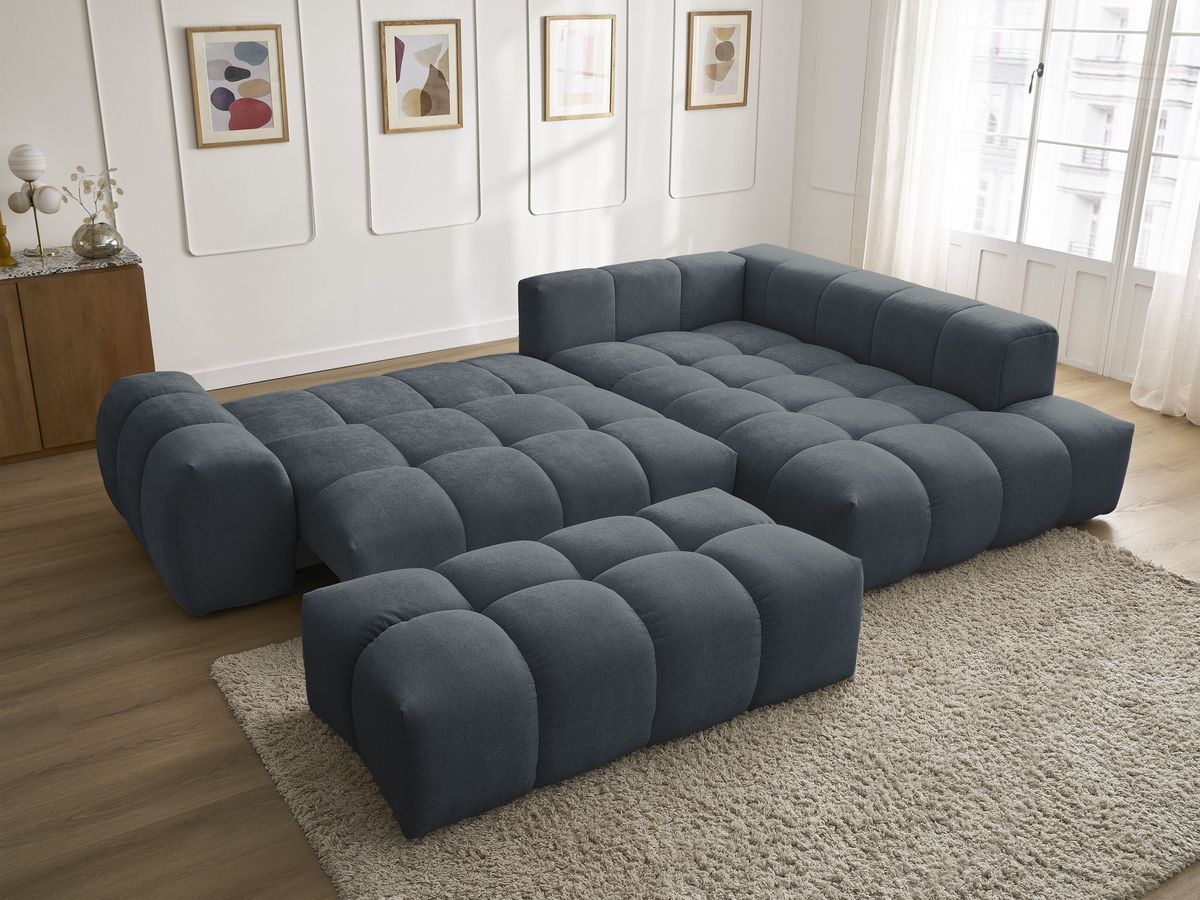 Canapé d'angle L convertible coffre EVEREST tissu texturé avec pouf
