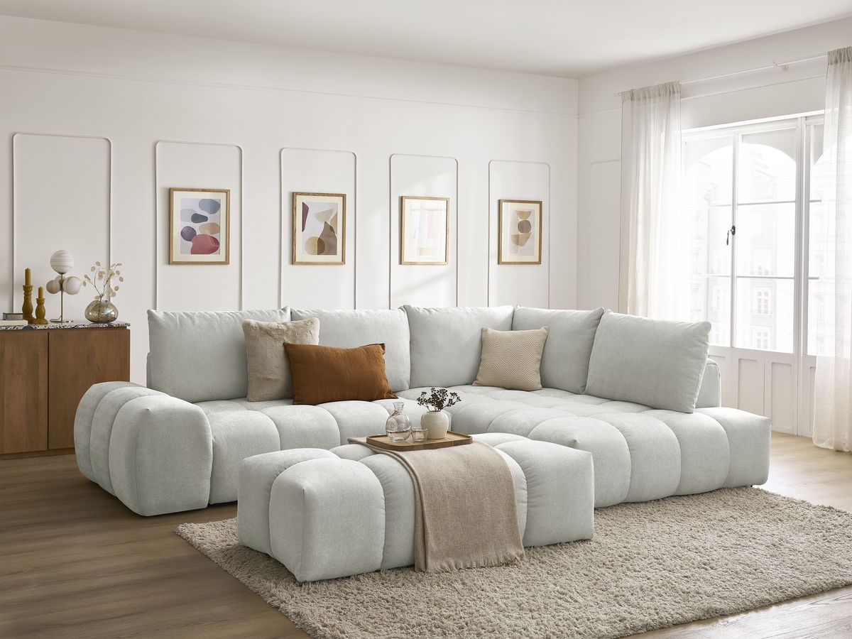 Canapé d'angle L convertible coffre EVEREST tissu texturé avec pouf