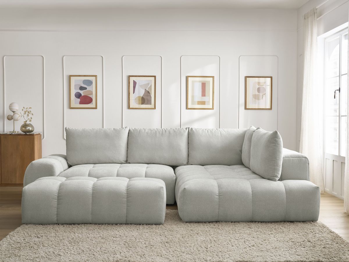 Canapé d'angle L convertible coffre EVEREST texturé avec pouf gris clair — vue 5