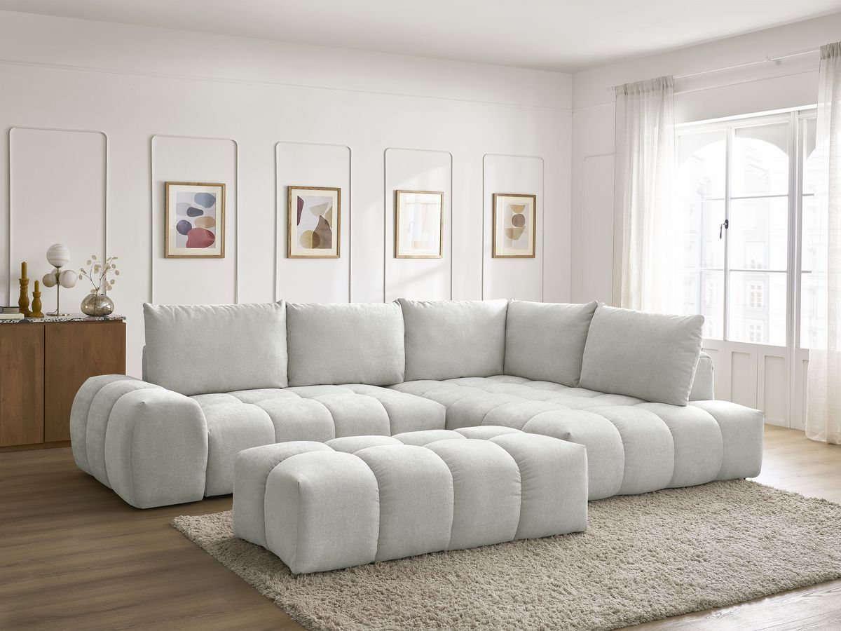 Canapé d'angle L convertible coffre EVEREST tissu texturé avec pouf