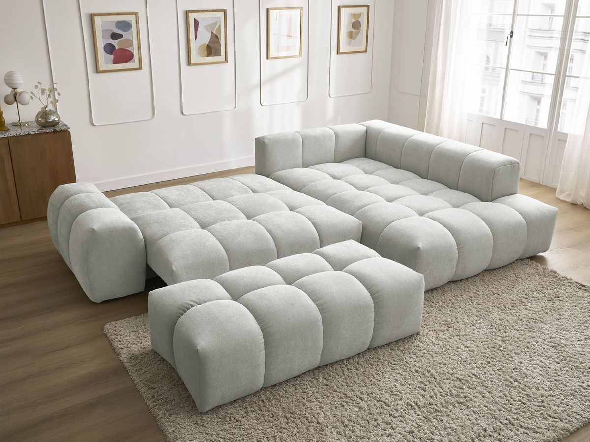Canapé d'angle L convertible coffre EVEREST tissu texturé avec pouf