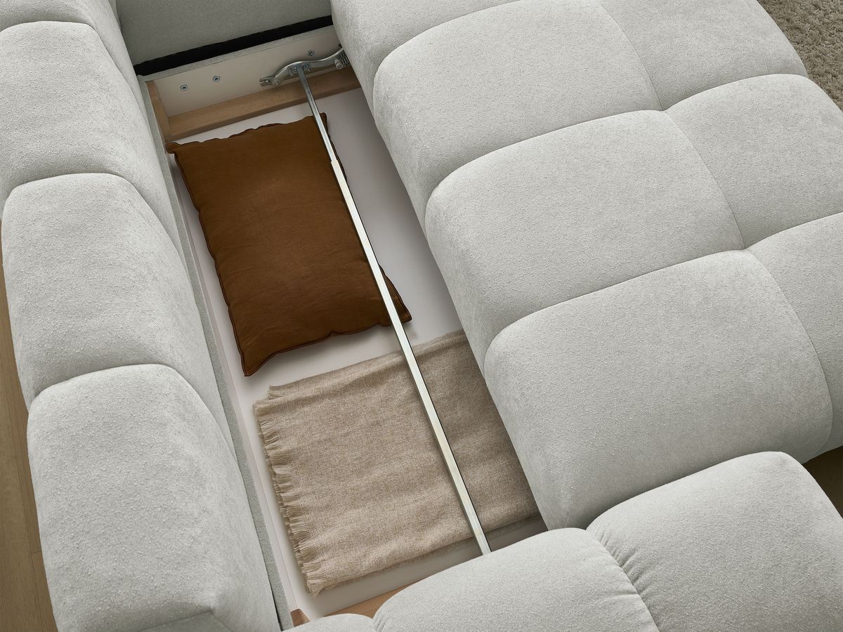 Canapé d'angle L convertible coffre EVEREST tissu texturé avec pouf